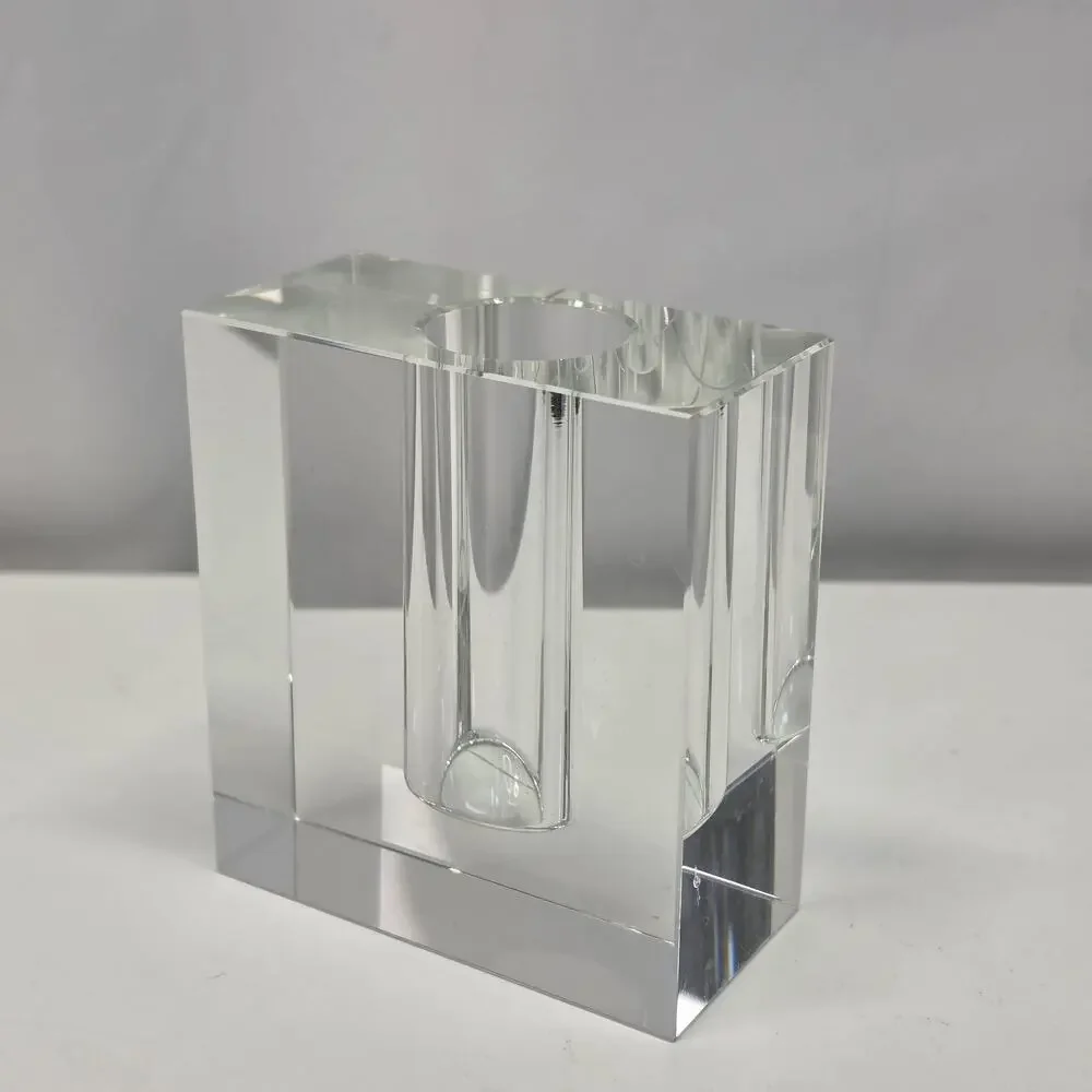 Vintage MCM Tizo Design Bud Vase Crystal Rectangular Minimalist Heavy Glass Art